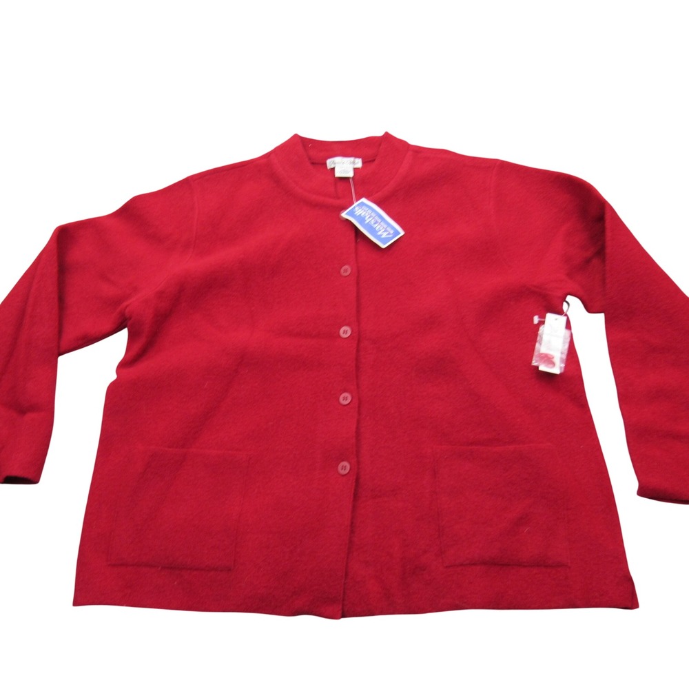 Deane & White Womens Red 100% Boiled Wool Button Front Cardigan Jacket Large NWT